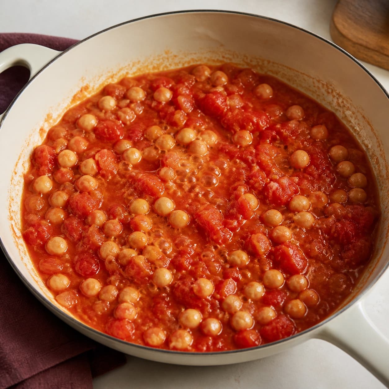 Chickpeas and tomatoes simmering in a skillet during a recipe step
