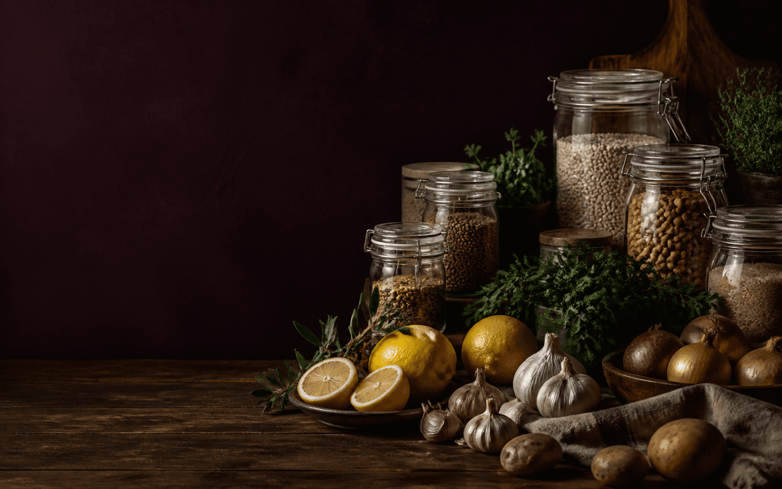 Pantry jars, lemons, herbs, garlic and vegetables in a warmly lit kitchen