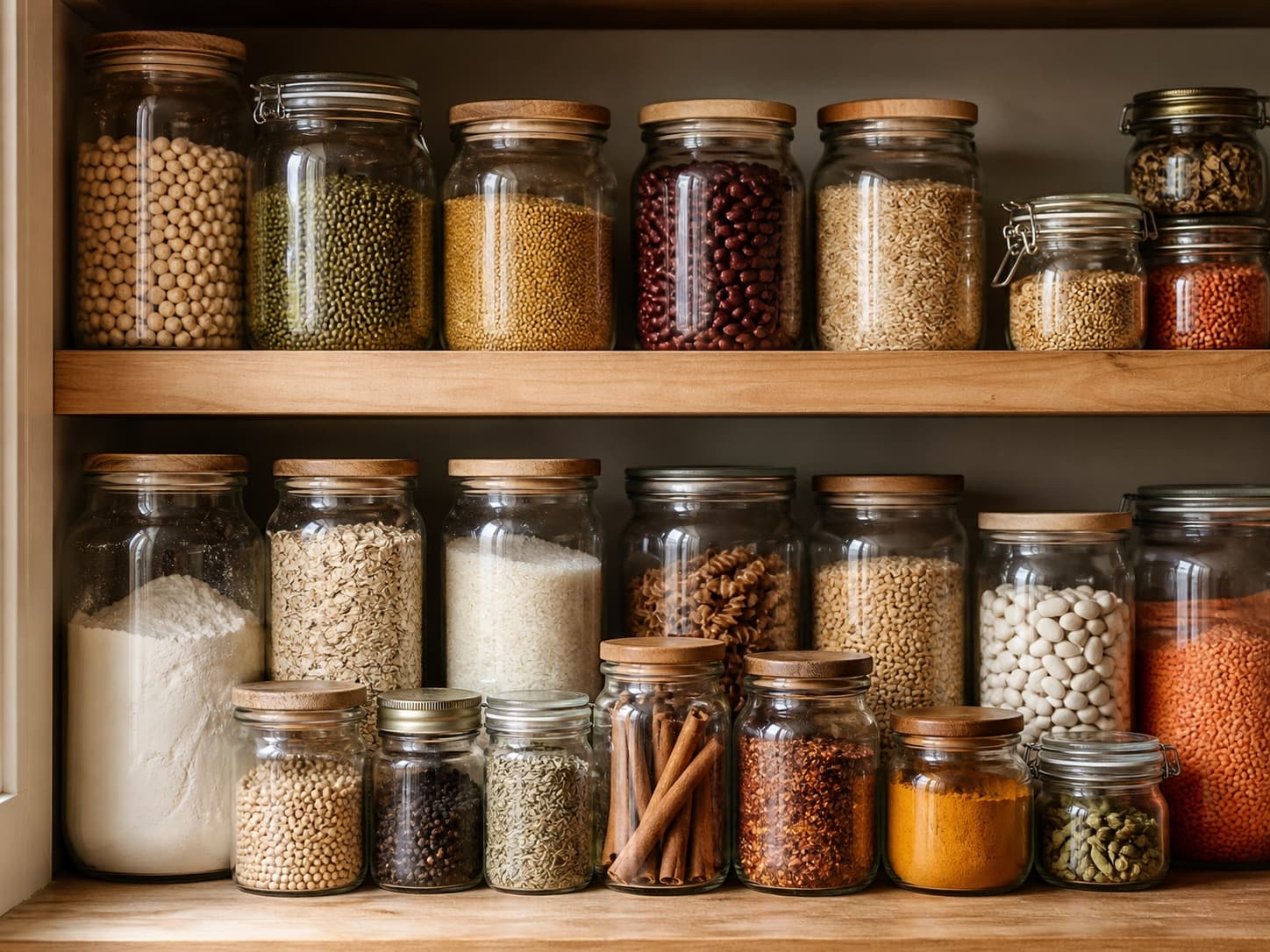 An organized pantry shelf with clear jars of dried ingredients