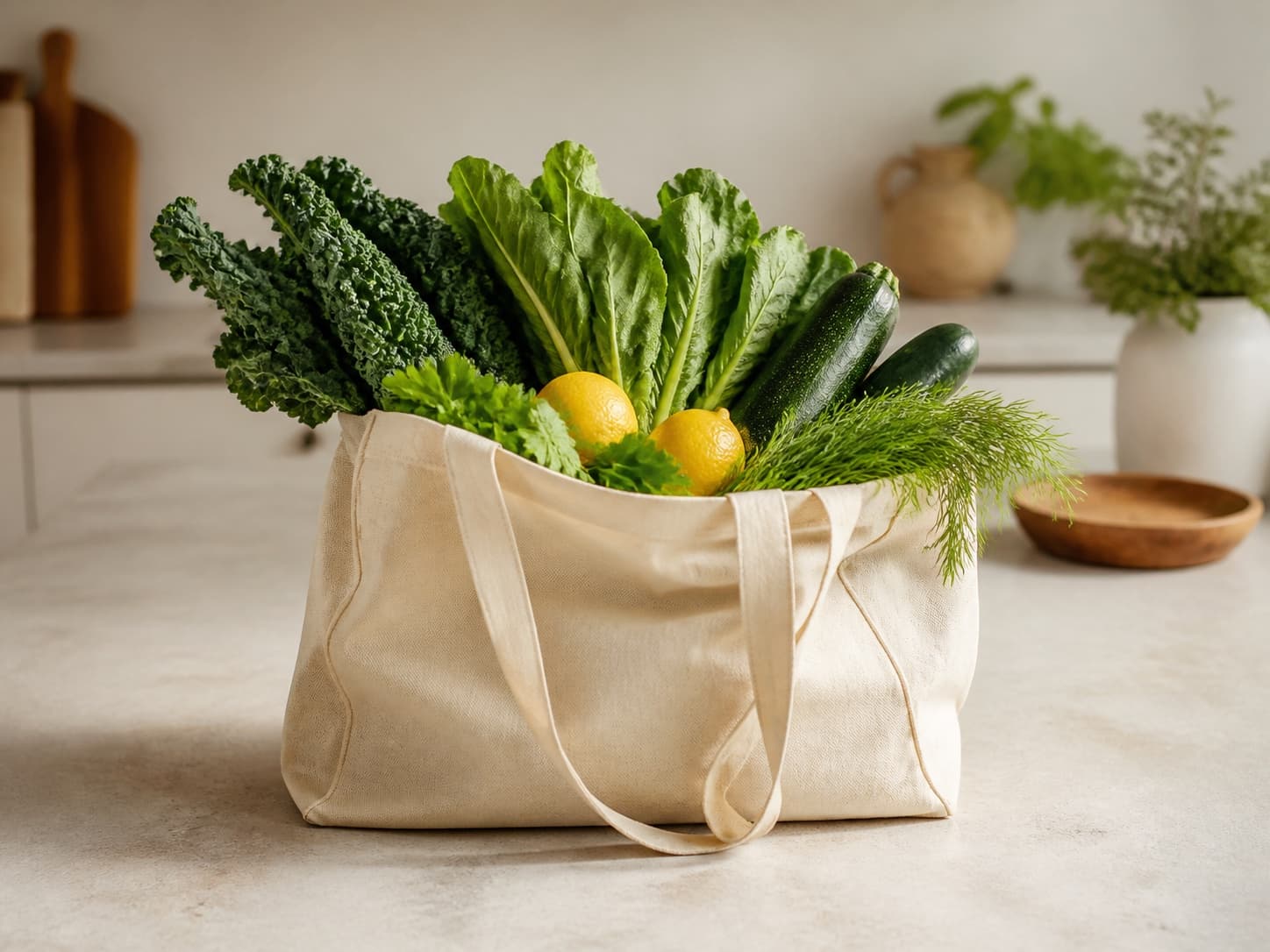 A reusable grocery bag filled with fresh vegetables and herbs